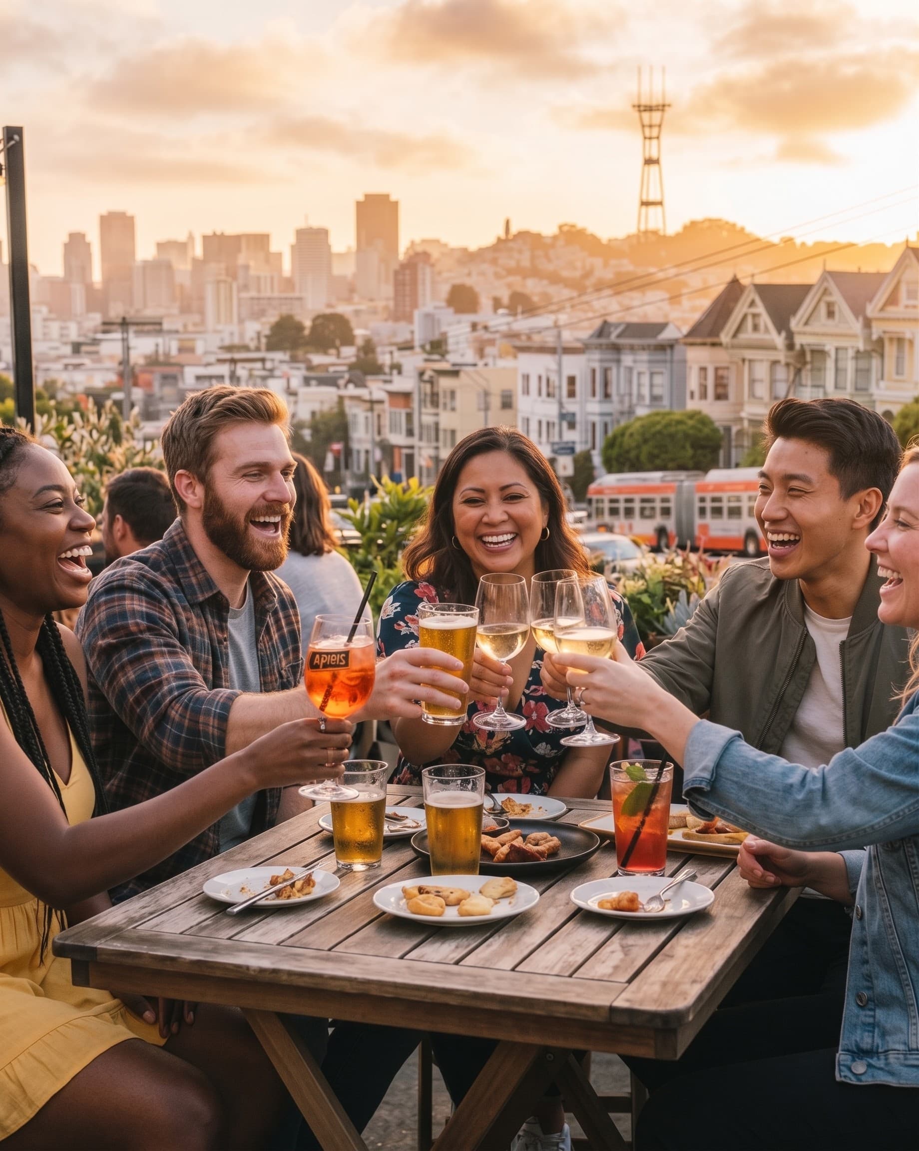Friends sharing drinks at a golden-hour rooftop gathering in San Francisco
